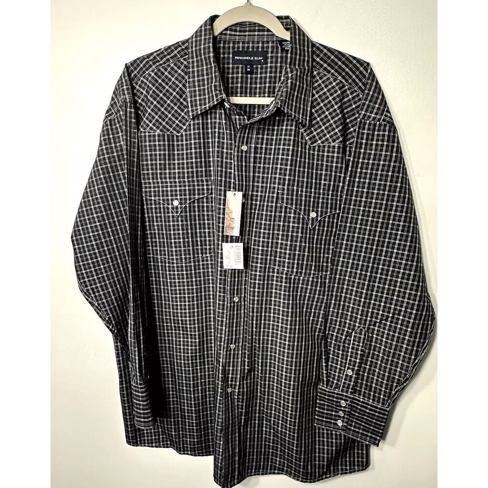 Panhandle Slim Shirt Men’s Sz 17/34 Black Plaid Pearl SnapTexas Western Cowboy